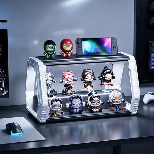 Space Capsule Acrylic Display Case for Collectibles, 2-Tier Anime Figure Display Box with LED Lights & Sound Activated, Magnetic Door, No Assembly, Stackable(Black Step Style, 14.1x8.2x8.2In) - size: Black & White（14.1 x 8.21 x 8.21 inches）