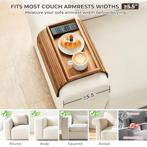 LOVYANXUE Acacia Wood Sofa Arm Tray, Foldable Couch Armrest Table with Anti-Slip Pad, Couch Arm Tray & Cup Holder for Drinks, Coffee, Snacks, Phone, Remote Control - color: Acacia Wood, size: Large (without Phone Holder)