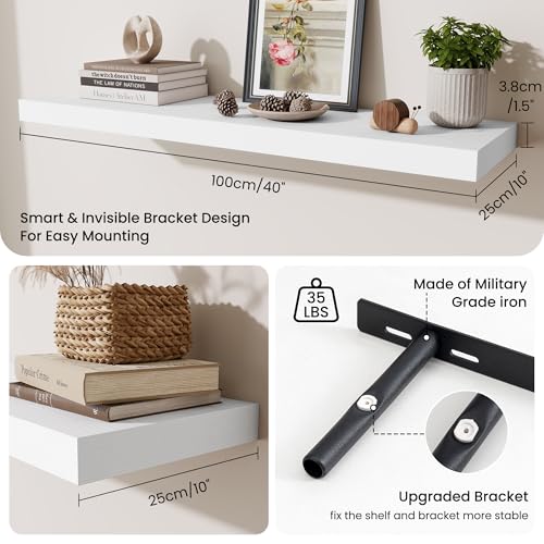 Fun Memories Floating Shelves Set of 2, 40 Inch Long Wooden Wall Shelves, 10 Inch Deep Wall Mounted Storage Shelf with Metal Brackets for Living Room, Bathroom, Bedroom and Kitchen, White - color: Modern White, size: 40W x 10D x 1.5H