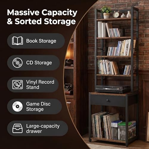 CD Storage Rack, 6-Tier DVD Organizer Shelf with Drawer & Adjustable Book Stoppers, Vinyl Record Holder &Multi-Purpose Media Organizer, Ideal for Living Room/Home Office,15.7x11.8x64.3Inch