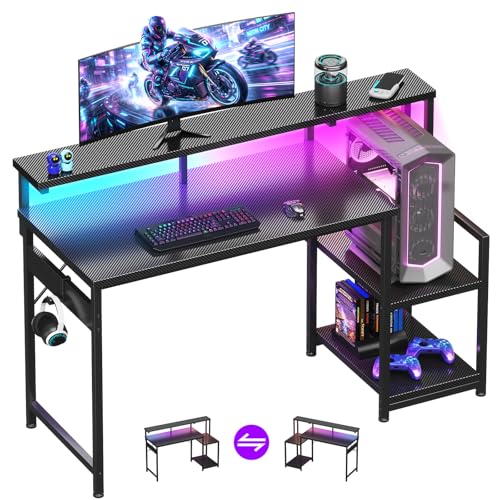 AODK 48 Inch Gaming Desk with LED Lights, Computer Desk with Storage Shelves, Reversible Desk with Monitor Stand, Carbon Fiber Black - color: Carbon Fiber Black, size: 48 Inch