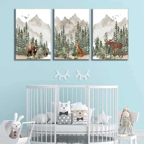 3Pcs Woodland Nursery Wall Art Wild Animals Posters Pictures Foggy Forest Canvas Prints Adventure Theme Kids Wall Decor Watercolor Paintings for Children Boys Room Girls Room Framed - color: Woodland Animal canvas, size: 24"Lx16"W