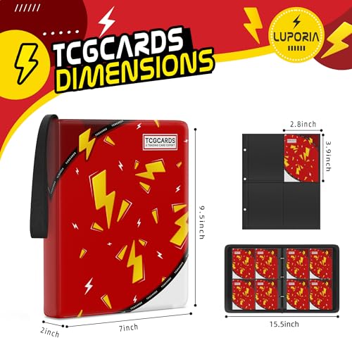 Trading Card Binder 4 Pocket,400 Pocket Card Collection Binder with 50 Removable Sleeves,PU Waterproof Top Card Book,3-Ring Zipper Collectible Trading Card Album for MTG/TCG/Card Holder Gift（Red） - color: Red, size: Small