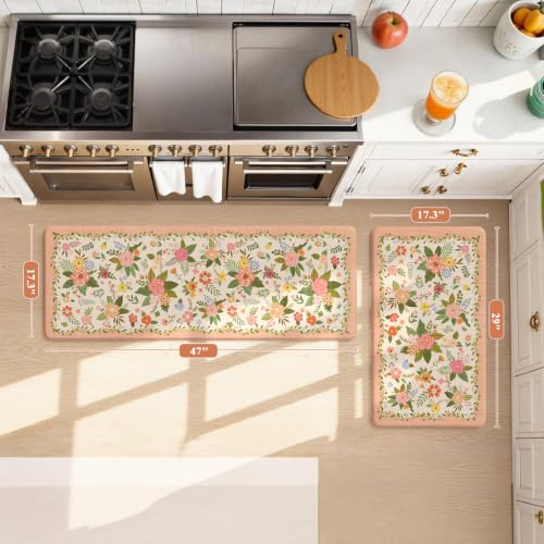 KIMODE Anti Fatigue Kitchen Mats, Padded Kitchen Floor Mats 17"x47"+17"x29", Farmhouse Kitchen Rugs Sets of 2, Pink Rugs for Kitchen Floor, Cushioned Standing Mat for Laundry Office Sink Desk - color: Flower/Pink, size: 17.3" x 47"+17.3" x 29"--0.47 inche
