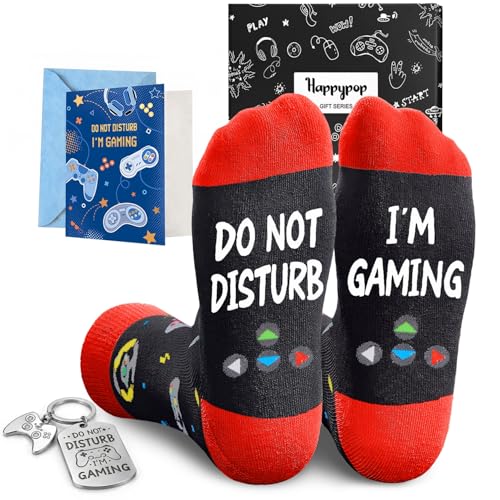 Gamer Gifts for Men - Funny Socks for Men Women, Gaming Socks for Teens with Greeting Card and Keychain