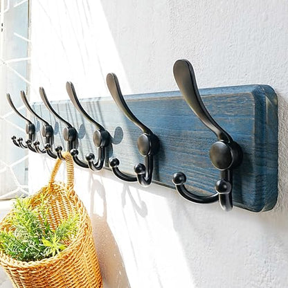 Dseap Coat Rack Wall Mounted - 24" Long 6 Tri Hooks, Heavy Duty Wooden Wall Coat Hanger Coat Hook for Clothes Hat Jacket Clothing, Weathered Blue and Black - color: Weathered Blue & Black, size: L=24"