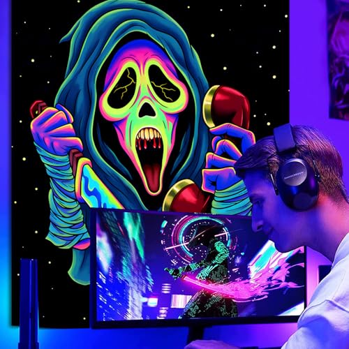 SparkLia Blacklight Horror Face Tapestry – UV Reactive Neon Scary Wall Hanging with Knife & Phone, Glow in the Dark Spooky Art Decor for Bedroom, Gaming Room & Party - 51" x 59" - color: D, size: 59"L x 51"W