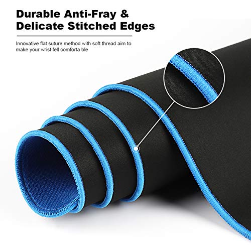 Large Gaming Mouse Pad(35.4x15.7x0.16in), Black Thick Computer Extended Mousepad for Laptop, 35% Larger Smooth Keyboard Mat with Non Slip Blue Rubber Base, Desk Pad with Durable Stitched Edges - color: Exclusive Blue Rubber Base