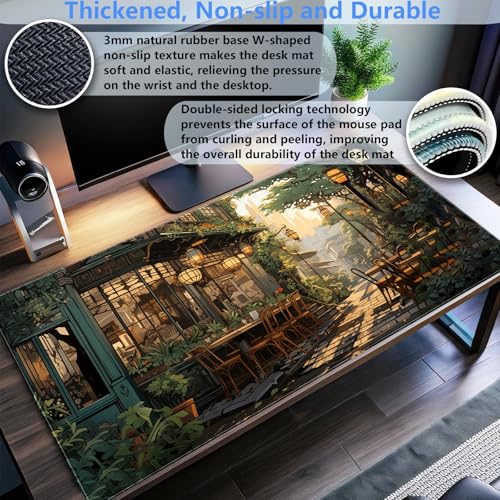 Extended Gaming Mouse Pad XL, Anime Street Desk Pad Mat 31.5x15.7, Non-Slip | Beautiful large desk pad with a cozy anime cafe street scene print. Ideal for healing visual desk setups. - color: Anime Street Scene