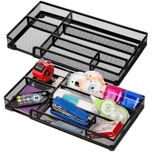 Noamus 2 Pack Desk Drawer Organizer, Metal Mesh Drawer Office Tray, 6 Compartments Pen Organizer Storage Box, Desktop Basket Accessories for Home Office School Kitchen Vanity Supplies, Black