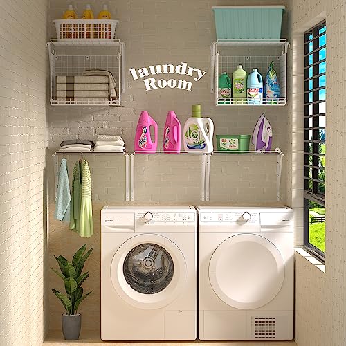 2 Pack Laundry Room Shelves Wall Mounted with Wire Baskets, Over the Washer and Dryer Shelf with Clothes Drying Rack, 8 Hooks，Wire Shelves Baskets for Laundry Closet Organization and Storage, White - color: White