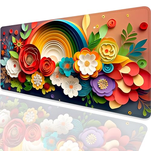 Rainbow Spring Flowers Desk Pad Mouse Pad,Floral Prints Extended Large Gaming Mouse Mat with Stitched Edges,Non-Slip Waterproof Rubber Base Mousepad for Office Work Home Desk Mat(27.5X11.8 in) - color: Rainbow Spring