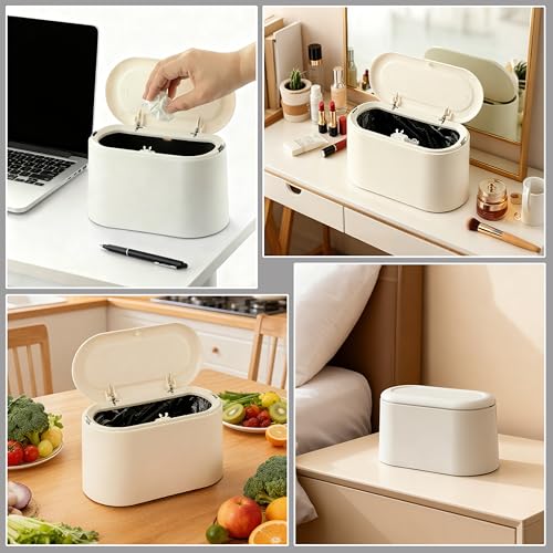 XZZWLL Mini Trash Can for Desk, Tiny Plastic Countertop Garbage Can with Lid, Easy to use and Keep Desktop Clean for Vanity, Bedside, Bathroom and Kitchen with 3 Rolls Trash Bags