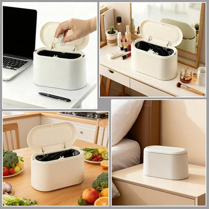 XZZWLL Mini Trash Can for Desk, Tiny Plastic Countertop Garbage Can with Lid, Easy to use and Keep Desktop Clean for Vanity, Bedside, Bathroom and Kitchen with 3 Rolls Trash Bags