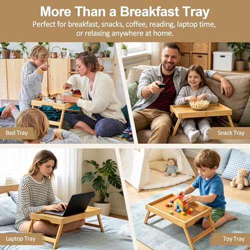 Large Breakfast Tray with Folding Legs Set of 2, 16.9" x 12.2" Bamboo Bed Tray Table with Ergonomic Wave Handles, Foldable TV Dinner Tray for Bed Couch Sofa, Breakfast, Laptop, Coffee, Natural - color: Natural, size: Large