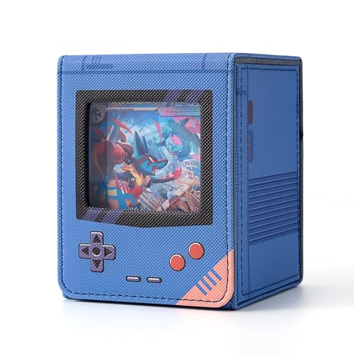 MTG Deck Box with Commander Display, Retro Game Console–Style Deck Case Fit 120 Single Sleeved Cards, PU Leather Magnetic Trading Card Storage Box with 2 Dividers, Compatible with TCG Magic (Blue) - color: Blue