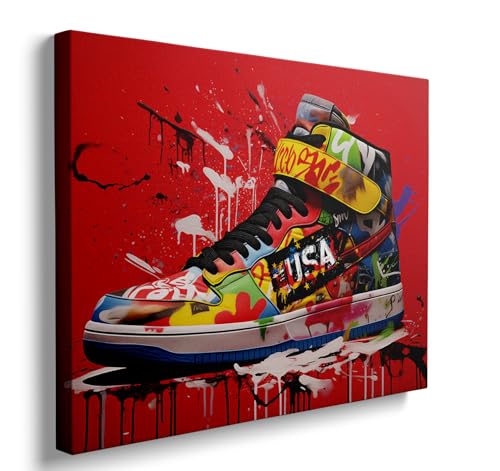 Framed Banksy Graffiti Sneaker Canvas Wall Art,Red Shoe Decorations Pop Art Wall Decor For Kids Playroom Bedroom Living Room Artworks Ready To Hang - color: sneaker03, size: 24"L x 16"W