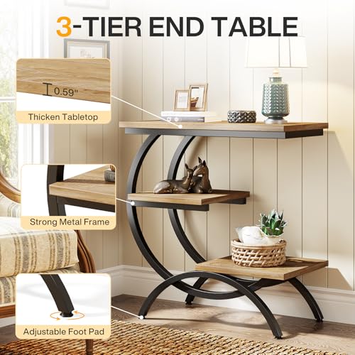 Tribesigns C-Shaped End Table, 3-Tier Industrial Sofa Side Table with Curved Metal Frame for Living Room, Bedroom, Couch, Small Space, Light Brown - color: Light Brown