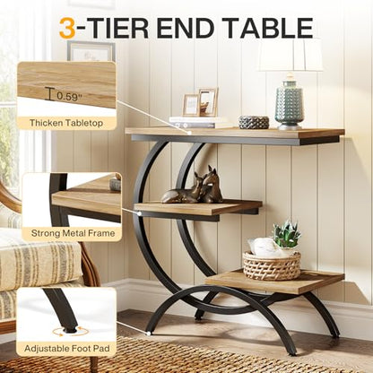 Tribesigns C-Shaped End Table, 3-Tier Industrial Sofa Side Table with Curved Metal Frame for Living Room, Bedroom, Couch, Small Space, Light Brown - color: Light Brown