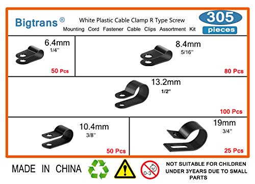 Bigtrans 305 Pcs Nylon Plastic R-Type Wire Clips 1/4" 5/16" 3/8" 1/2" 3/4" Clamps Fasteners Assortment for Cable Conduit -5 Size -Black - color: Black, size: 305 Pack Clips Only