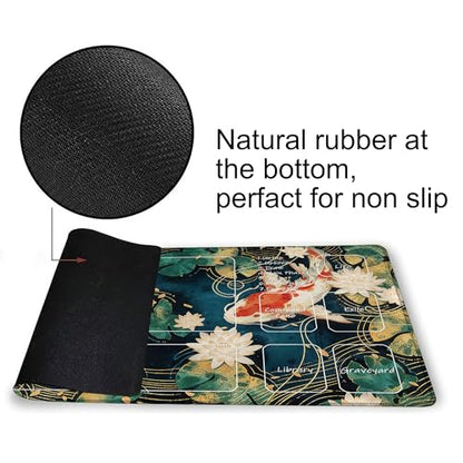 for MTG Playmat 24 x 14 Inches Lotus Leaves Koi Magic Play Mat Card Game Mat for Magic The Gathering TCG PTCG Playmat with Free Storage Bags Non-Slip Backing and Stitched Edge - color: Lotus Leaves Koi With Zones