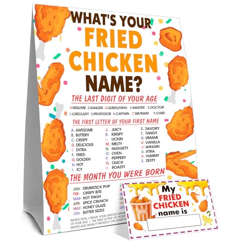 Funny Fried Chicken Game Cards Set, What's Your Fried Chicken Name Game Card, Chickens Party Games Cards, 1 Chicken's Name Sign, 30 Chickens Name Sticker Card, Birthday Games Decor for Boys Girls - style: Casual