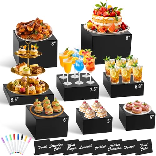 8Pcs Black Acrylic Buffet Risers with Mini Sign and Marker, Black Acrylic Risers for Party Catering Dessert Jewelry Collectibles with Hollow Bottoms Nesting Cube Box (9.5" 9" 8" 7.5" 6.8" 6" 5" 5") - color: 9.5"9" 8" 7.5" 6.8" 6" 5" 5"