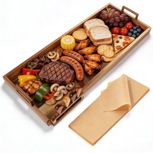 Large Charcuterie Boards with Cheese Knife Set,30 x 12 Inch Acacia Wood Serving Tray with Handles,Long Wooden Charcuterie Board with 30Pcs Wax Paper,Large Cheese Board Gift Set - size: 30 Inches