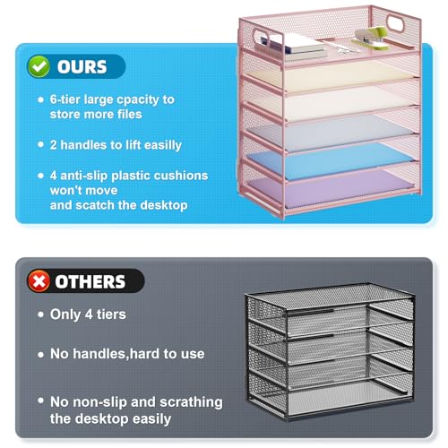 Marbrasse 6 Tier Paper Organizer Letter Tray - Mesh Desk File Organizer with Handle, Paper Sorter for Letter/A4 Office File Folder Holder -Pink - color: 6 Tier - Pink