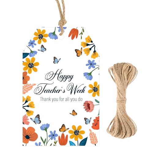 G2PLUS Teacher Appreciation Gift Tags - 50Pcs Thank You for All You Do Tags, Happy Teacher's Week Gift Tag with String for School Employee Teacher's Day Party Favors - style: Happy Teacher's Week