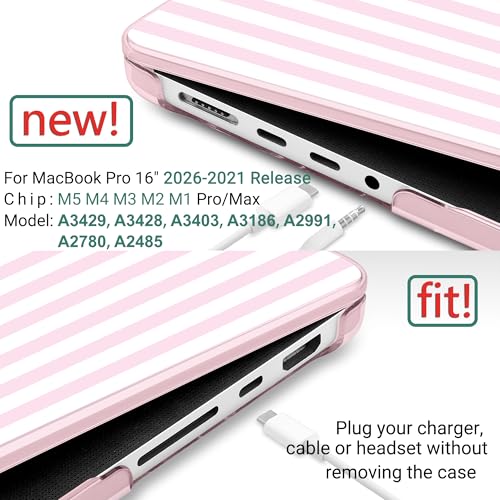 DONGKE Compatible with MacBook Pro 16 Inch Case (2026-2021 Release, M5 M4 M3 M2 M1 Pro/Max Chip), Plastic Hard Shell with Keyboard Cover & Screen Protector for MacBook Pro 16", Pink & White Stripes - color: Pink & White Stripes