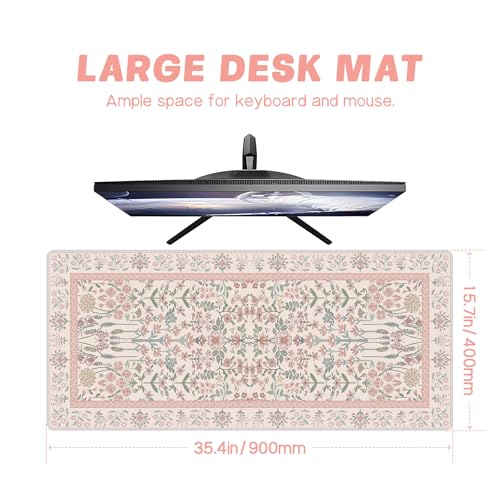 Baziabbo Pink Floral Desk Mat,XXL Extended Big Mouse Pad,Gaming Mousepad with Stitched Edge,Non-Slip Rubber Base Keyboard Desk Pad for Home Office Study Game - color: Pink Floral