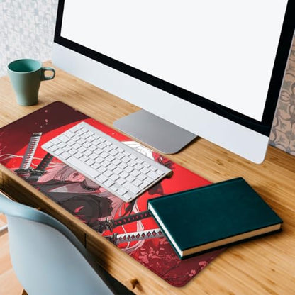 Anime Samurai Girl Gaming Mouse Pad Red Moon Gothic Large Desk Mat with Stitched Edges,Non-Slip Waterproof Rubber Base Mouse Mat Office Computer Keyboard Laptop 31.5"x11.8" - color: Anime Samurai Girl