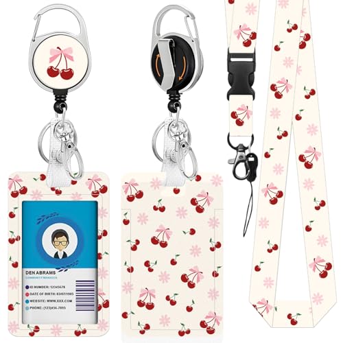 Lanyards for ID Badges, Cherry ID Holder with Retractable Scroll, Teacher Lanyard with ID Clip, Detachable Keychain, Sturdy and Durable, Gift for Teachers, Nurses, Workers Office Workers - color: Cherryflower-white