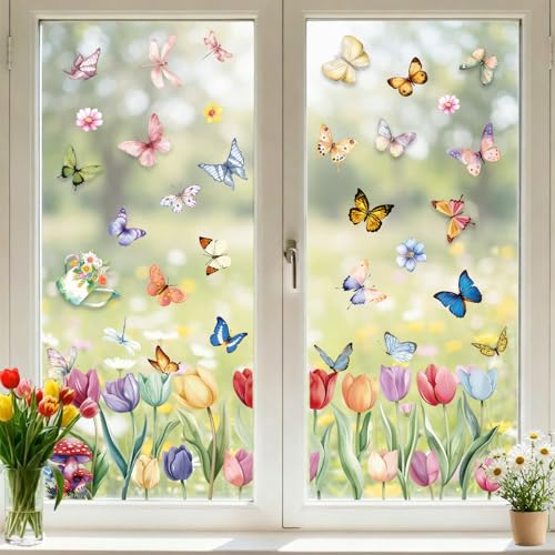 9 Sheets Spring Window Clings Decor, Tulip Floral Butterfly Window Stickers | Spring Decorations for Home, Office, Classroom, Glass Doors, Flower Decals for Summer, Easter, Indoor Party & Event Decor - color: Spring
