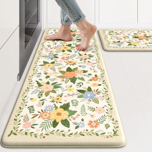 KIMODE Kitchen Mats for Floor Anti Fatigue, Beige Boho Kitchen Rugs Non Slip, Padded Kitchen Floor Mats, Memory Foam Kitchen Mats Cushioned, Standing Desk Mat for Laundry Office Sink 17"x47"+17"x29" - color: Flower/Beige, size: 17.3" x 47"+17.3" x 29"--0.