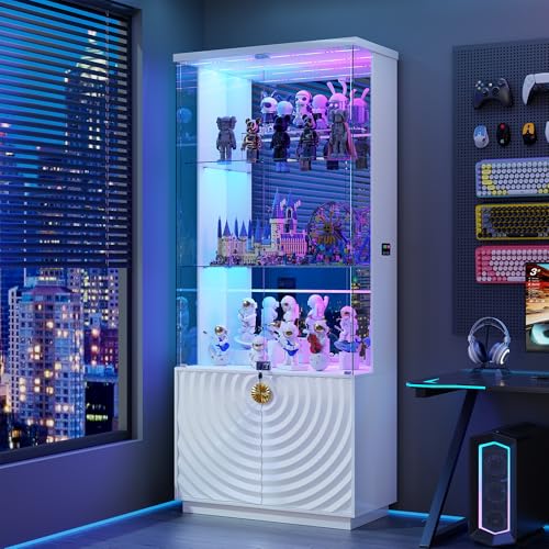 Lvifur 4-Tier Display Cabinet with Glass Doors,71''H Lockable Curio Cabinet with RGB Lights for Collectibles,White Glass Display Cabinet with Human Body Sensor,Glass Shelves,Living Room - color: White-rgb Lights