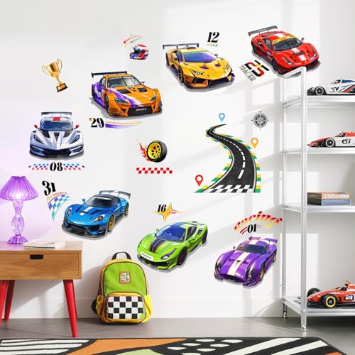 Tanlaby Racing Car Wall Decals Roads Vehicles Wall Stickers Vinyl Peel and Stick Art Decor for Boys Bedroom Kids Room Toddles Playroom
