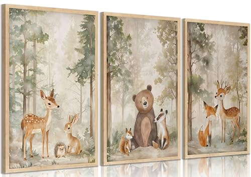 3Pcs Woodland Animal Nursery Canvas wall art Wild Animals Forest Paintings Pictures Wall Decor Fox Bear Deer Watercolor Poster Printing Artwork for Boys Room Girls Room Home Decoration Unframed - color: Woodland-poster, size: 16"L x 12"W