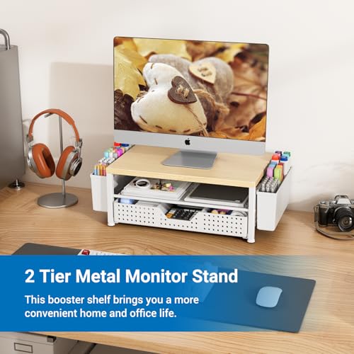 Wood Metal Monitor Stand Riser, Laptop Stand for Desk, Office Desk Organizer and Accessories, Computer Desktop Shelf with Drawer and Pen Holder, Printer Stand for Home, Office, Dorm (Natural Wood) - color: Natural Wood-Regular