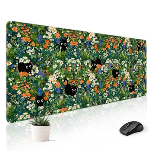 Mousepad Desk Mat Gaming Large Keyboard Cute Office Desktop Computer Laptop Cat Flawer XXL Long Giant Big Kawaii Aesthetic Girly Pretty Design Women Girl Gamer Oversized Wide 30x12'' Mousepad - color: Cat Garden