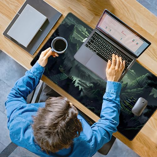 XXL Large Gaming Mouse Pad Anime Green Moon Mountains Desk Mat, Desk Decor Mousepad Computer Mat, Non-Slip Rubber Base Desk Pad, Laptop Keyboard and Mouse Mat with Stitched Edges, 31.5x15.75 in - color: Green Moon Mountains