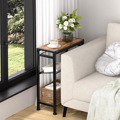 Small Side Table for Small Space, 3-Tier Narrow End Table with Magazine Holder,Slim Nightstand, Skinny Snack Couch Table in Living Room, Bedroom Study and Balcony (Rustic Brown &Black) - color: Rustic Brown