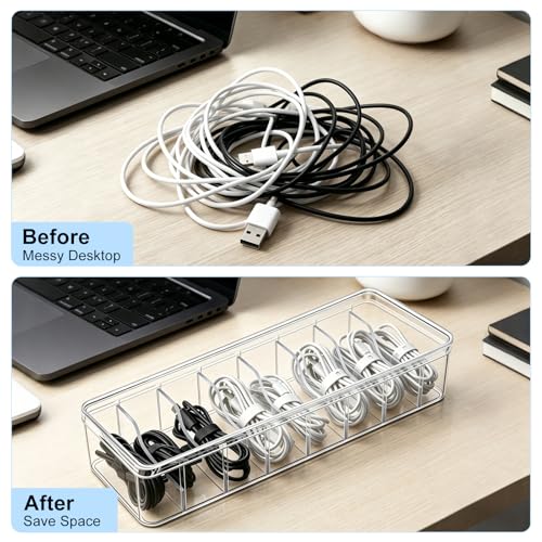 Cheardia 4 Pack Cable Organizer Box with Wire Ties, 2 Style Plastic Cord Storage Box, 10 In Adjustable Clear Charger Organizer with Lid for Electronics Office Home Desk Accessories