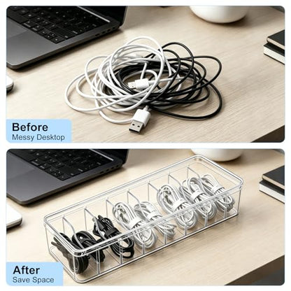 Cheardia 4 Pack Cable Organizer Box with Wire Ties, 2 Style Plastic Cord Storage Box, 10 In Adjustable Clear Charger Organizer with Lid for Electronics Office Home Desk Accessories