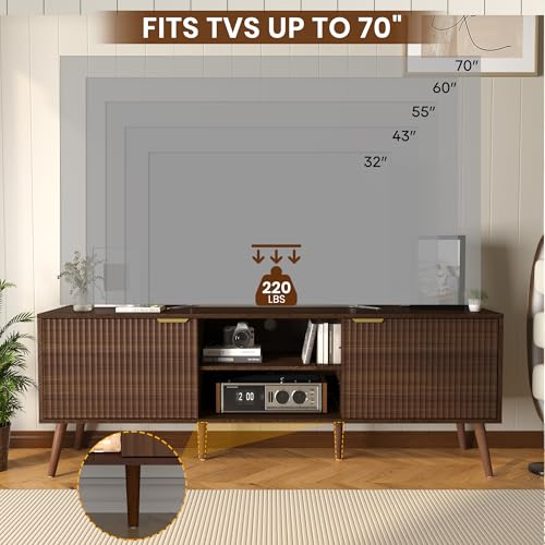 TV Stand for Living Room to 55/60/65/70 Inches, Mid Century Modern TV Consoles with Power Outlet, Entertainment Center with Door Cabinets and Open Shelves for Living Room, Bedroom, Walnut