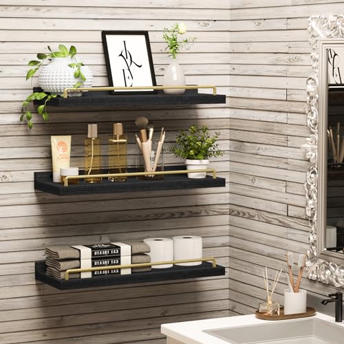 RYOFOBETTO Floating Shelves for Wall Decor, Black and Gold Shelves for Bathroom, Living Room, Bedroom, Picture Frames, Plants, Kitchen (Set of 3) - color: Black and Gold, size: 16"