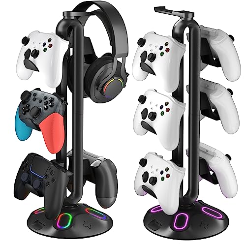 Gaming RGB Headphone Stand, Controller Holder with 9 Light Modes and 2 USB Charging Ports and 3.5mm & Type-C - Controller Stand Hanger Accessories for Desk and Gamer(Black) A - color: Black