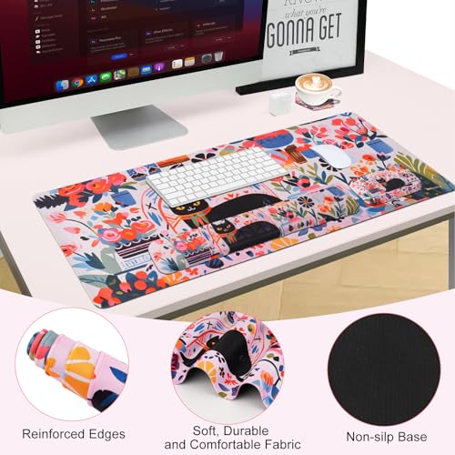 Petmolico Wrist Rest Set with Computer Keyboard Desk Pad,Mouse Wrist Rest,Keyboard Typing Wrist Pad and Cup Coasters,Ergonomic Design for Typing Pain Relief(Black,Cat with Flowers) - color: Rose