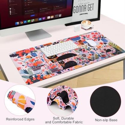 Petmolico Wrist Rest Set with Computer Keyboard Desk Pad,Mouse Wrist Rest,Keyboard Typing Wrist Pad and Cup Coasters,Ergonomic Design for Typing Pain Relief(Black,Cat with Flowers) - color: Rose